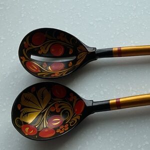 Russian Wooden Khokhloma Hand Painted Wild Strawberries Spoons Set of 2